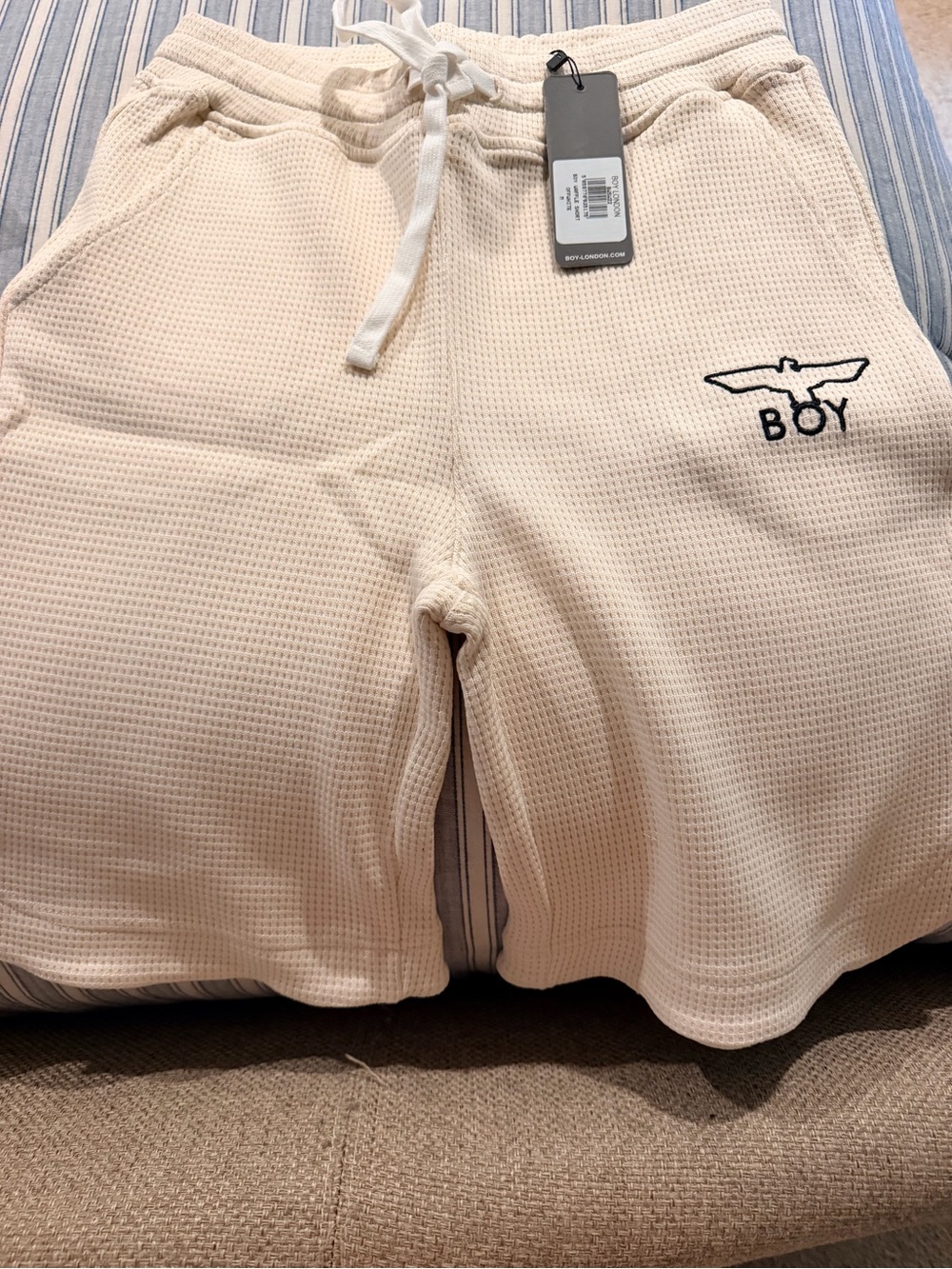 Cream Waffle-Knit Shorts with Drawstring.  Men size medium but runs small